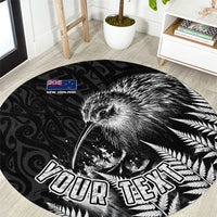Personalized New Zealand Kiwi Bird Round Carpet Grunge Maori Tribal Pattern Silver Fern