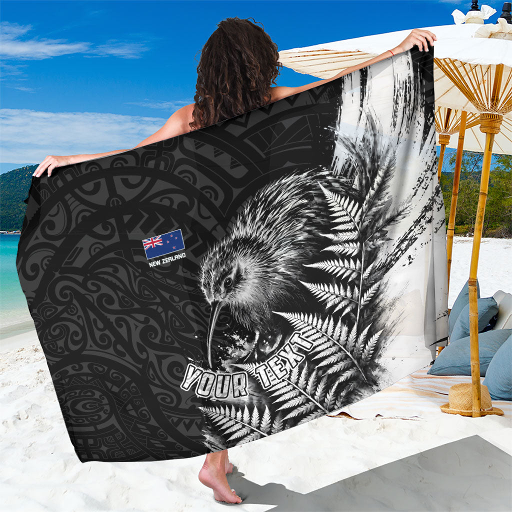 Personalized New Zealand Kiwi Bird Sarong Grunge Maori Tribal Pattern Silver Fern TS04 One Size 44 x 66 inches Black White - Polynesian Pride