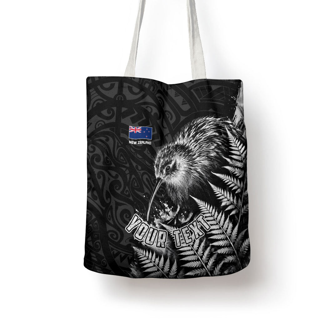 Personalized New Zealand Kiwi Bird Tote Bag Grunge Maori Tribal Pattern Silver Fern
