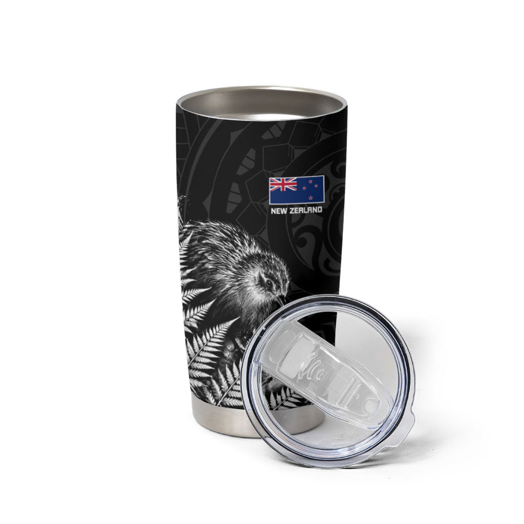 Personalized New Zealand Kiwi Bird Tumbler Cup Grunge Maori Tribal Pattern Silver Fern