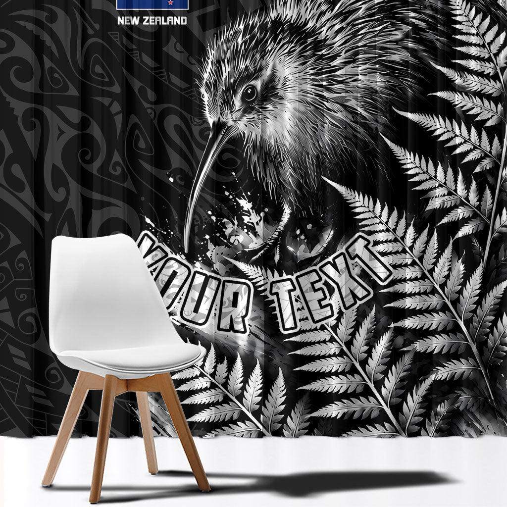 Personalized New Zealand Kiwi Bird Window Curtain Grunge Maori Tribal Pattern Silver Fern
