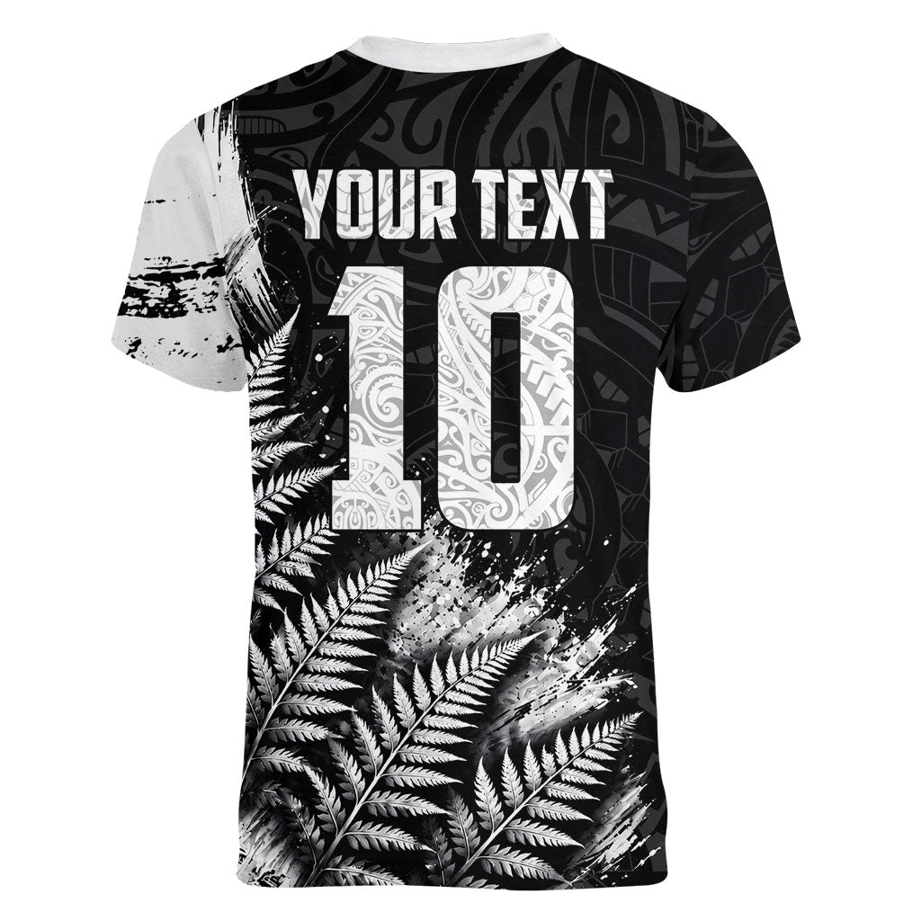 Personalized New Zealand Kiwi Bird Women V-Neck T-Shirt Grunge Maori Tribal Pattern Silver Fern