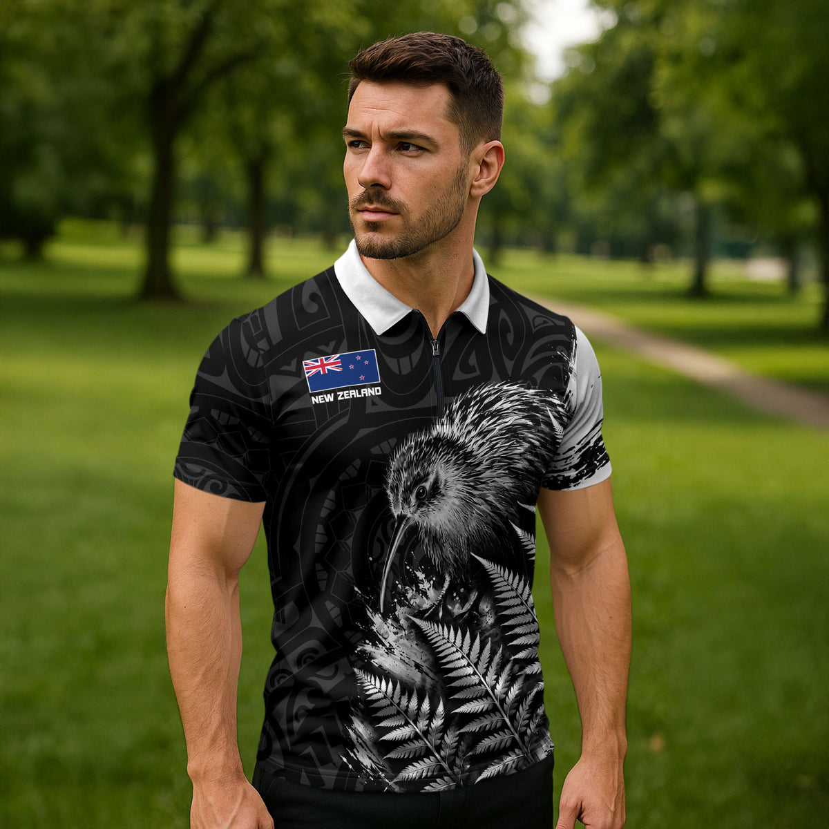 Personalized New Zealand Kiwi Bird Zipper Polo Shirt Grunge Maori Tribal Pattern Silver Fern