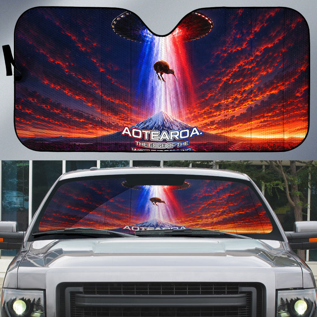 New Zealand Aotearoa Kiwi UFO Auto Sun Shade Sci-Fi Galaxy Sunset Sky Tower And Mountain TS04 Blue Red - Polynesian Pride