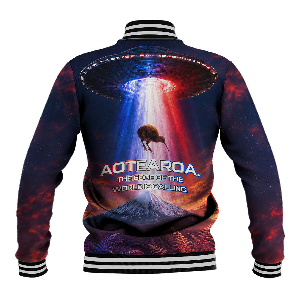 New Zealand Aotearoa Kiwi UFO Baseball Jacket Sci-Fi Galaxy Sunset Sky Tower And Mountain
