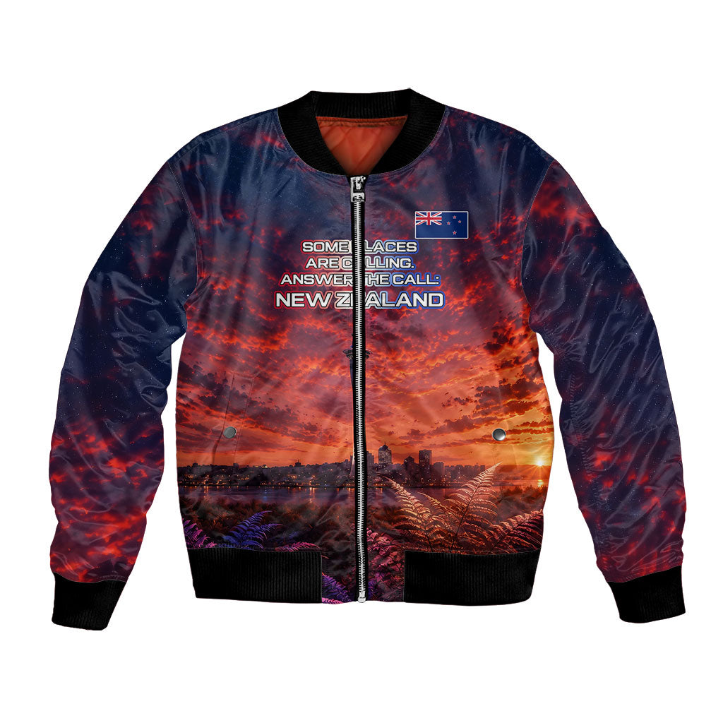 New Zealand Aotearoa Kiwi UFO Bomber Jacket Sci-Fi Galaxy Sunset Sky Tower And Mountain TS04 Unisex Blue Red - Polynesian Pride