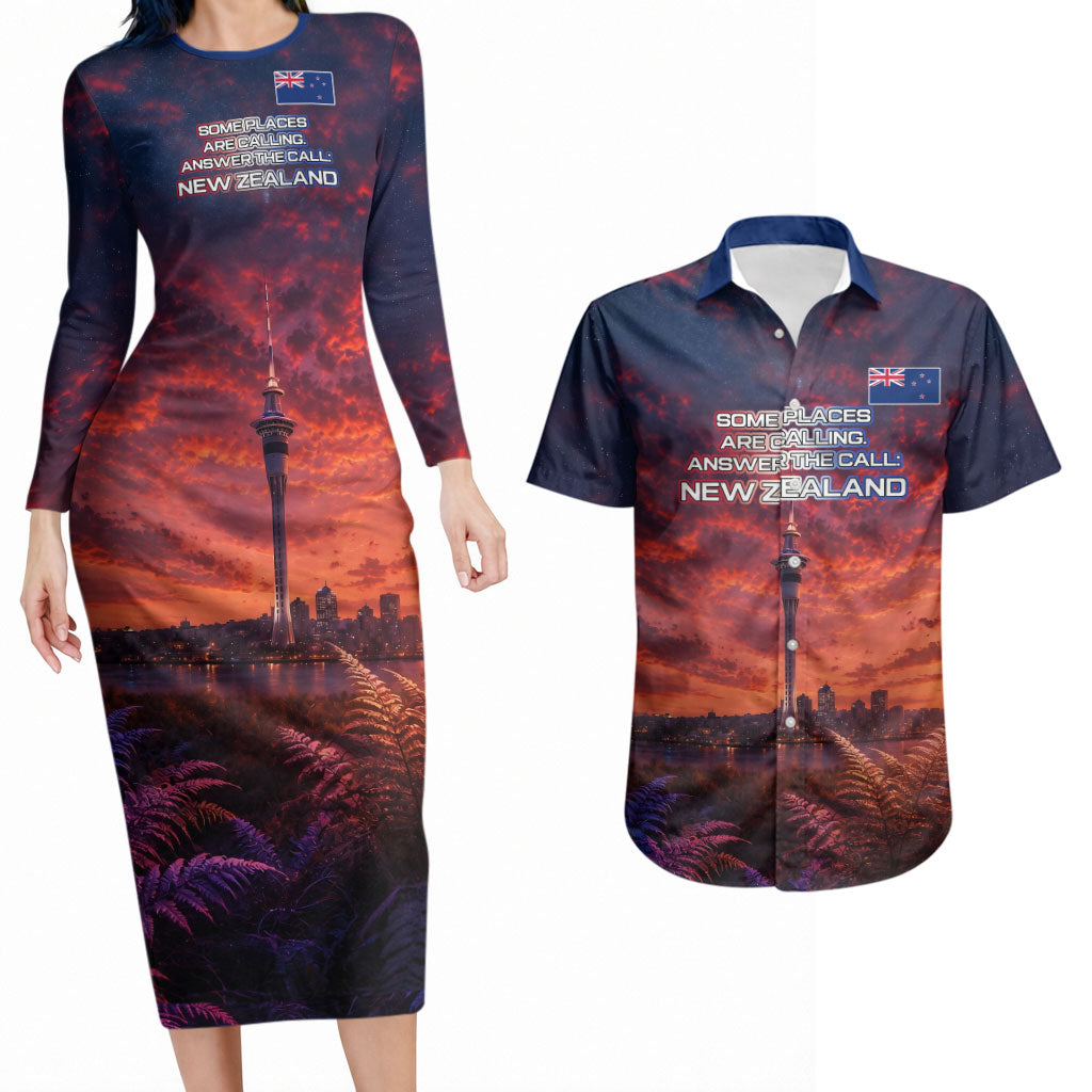 New Zealand Aotearoa Kiwi UFO Couples Matching Long Sleeve Bodycon Dress and Hawaiian Shirt Sci-Fi Galaxy Sunset Sky Tower And Mountain