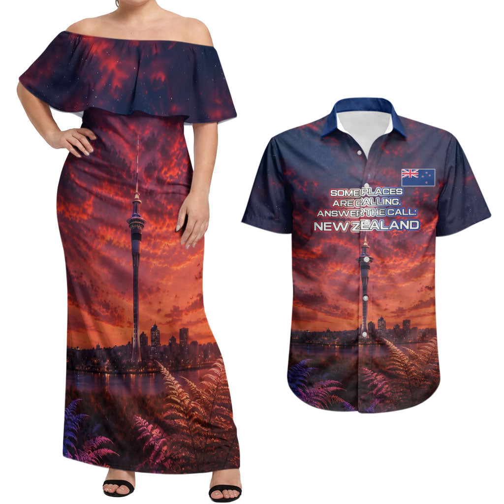 New Zealand Aotearoa Kiwi UFO Couples Matching Off Shoulder Maxi Dress and Hawaiian Shirt Sci-Fi Galaxy Sunset Sky Tower And Mountain TS04 Blue Red - Polynesian Pride