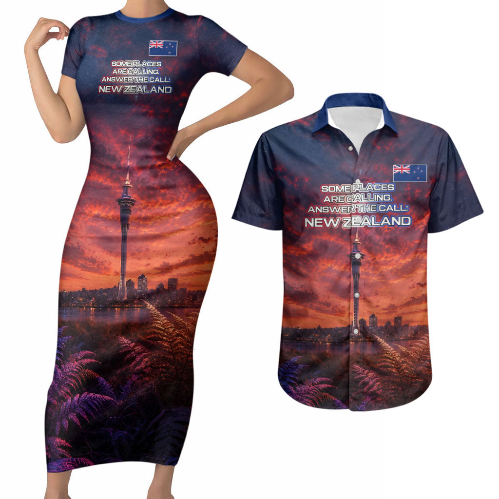 New Zealand Aotearoa Kiwi UFO Couples Matching Short Sleeve Bodycon Dress and Hawaiian Shirt Sci-Fi Galaxy Sunset Sky Tower And Mountain TS04 Blue Red - Polynesian Pride