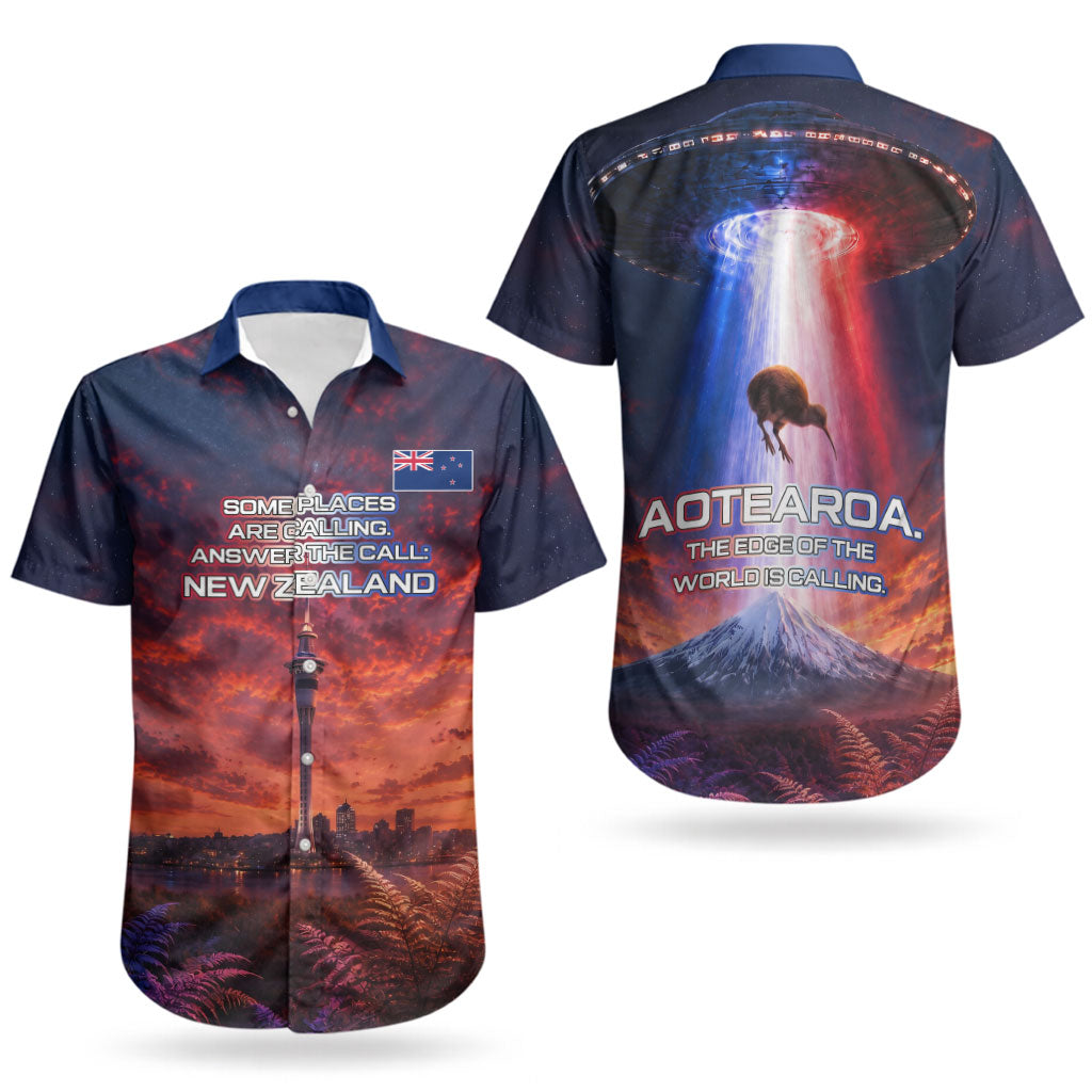 New Zealand Aotearoa Kiwi UFO Couples Matching Short Sleeve Bodycon Dress and Hawaiian Shirt Sci-Fi Galaxy Sunset Sky Tower And Mountain