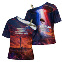 New Zealand Aotearoa Kiwi UFO Cross Shoulder Shirt Sci-Fi Galaxy Sunset Sky Tower And Mountain