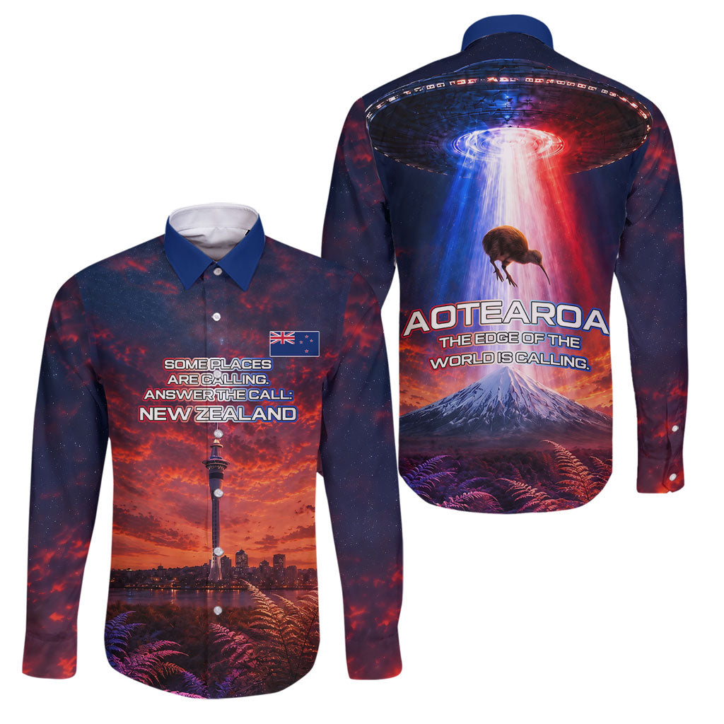New Zealand Aotearoa Kiwi UFO Family Matching Long Sleeve Bodycon Dress and Hawaiian Shirt Sci-Fi Galaxy Sunset Sky Tower And Mountain