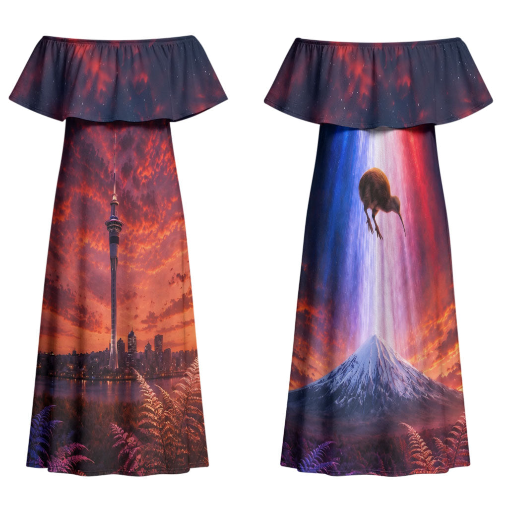 New Zealand Aotearoa Kiwi UFO Family Matching Off Shoulder Maxi Dress and Hawaiian Shirt Sci-Fi Galaxy Sunset Sky Tower And Mountain