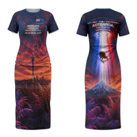 New Zealand Aotearoa Kiwi UFO Family Matching Short Sleeve Bodycon Dress and Hawaiian Shirt Sci-Fi Galaxy Sunset Sky Tower And Mountain