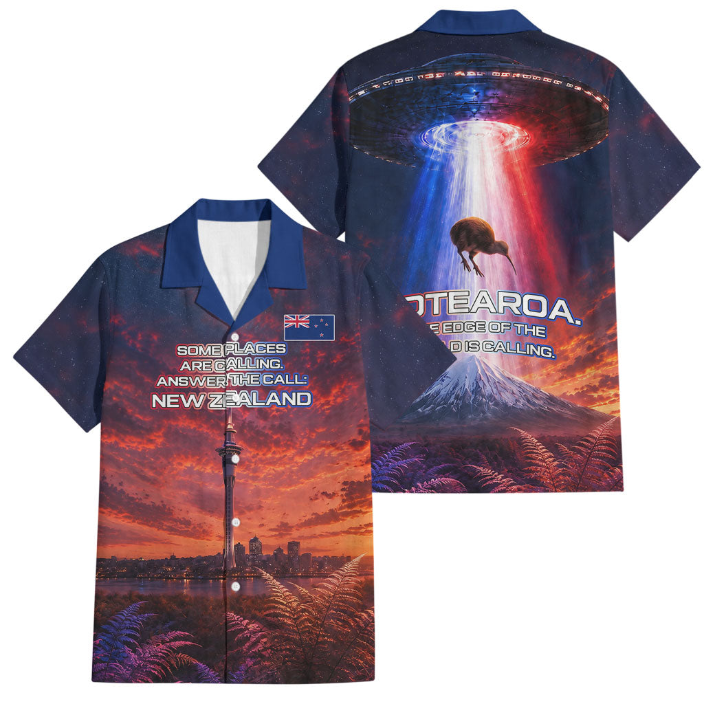 New Zealand Aotearoa Kiwi UFO Family Matching Tank Maxi Dress and Hawaiian Shirt Sci-Fi Galaxy Sunset Sky Tower And Mountain