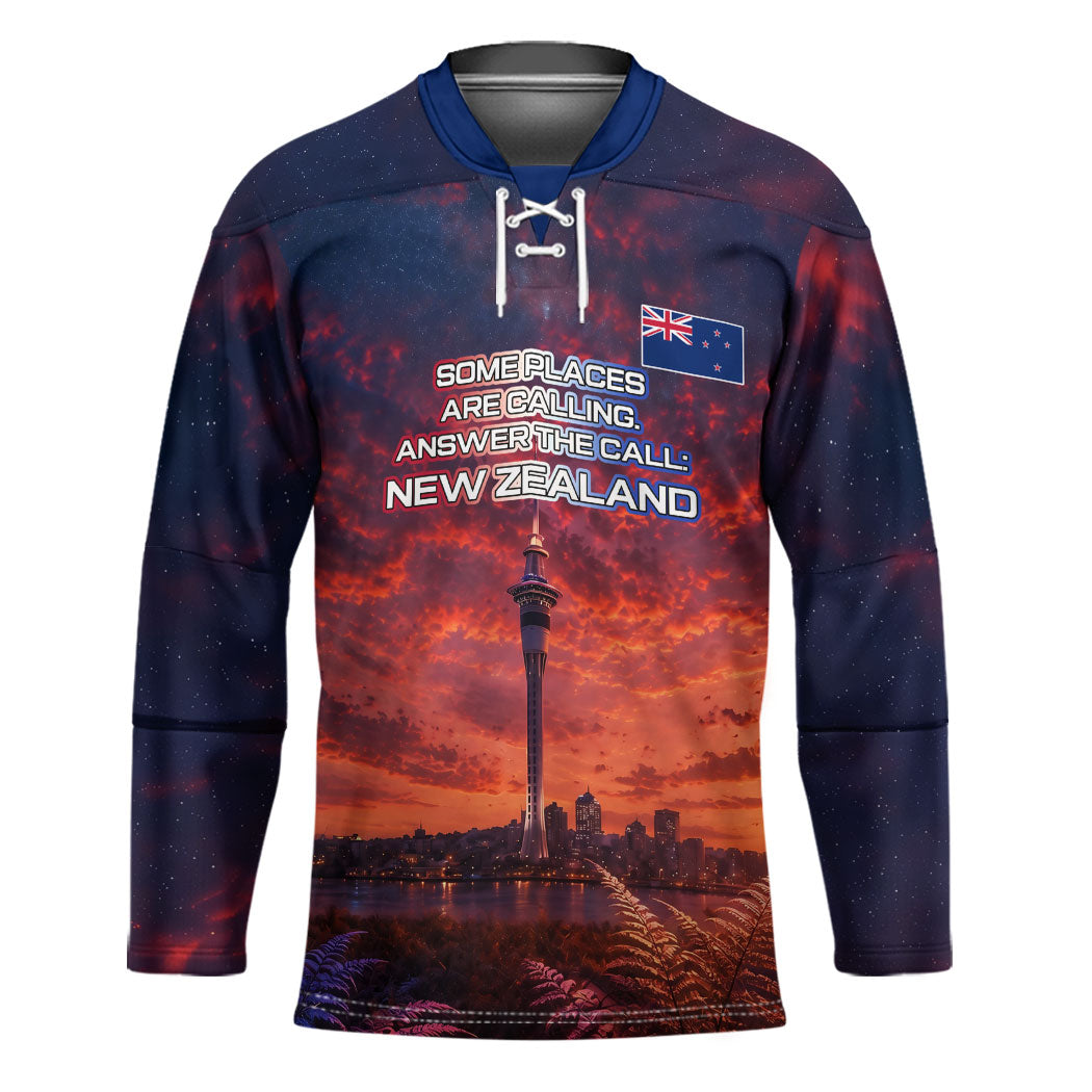 New Zealand Aotearoa Kiwi UFO Hockey Jersey Sci-Fi Galaxy Sunset Sky Tower And Mountain
