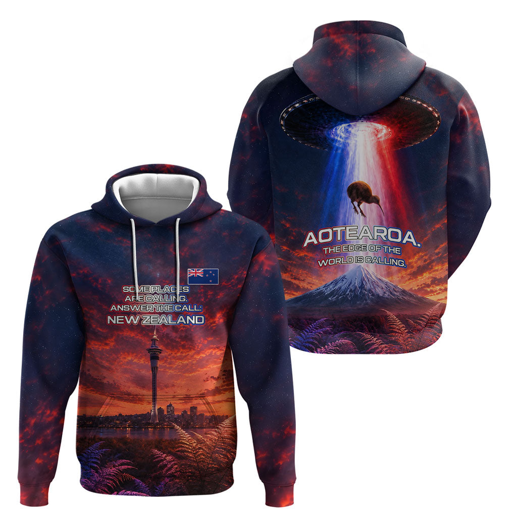 New Zealand Aotearoa Kiwi UFO Hoodie Sci-Fi Galaxy Sunset Sky Tower And Mountain