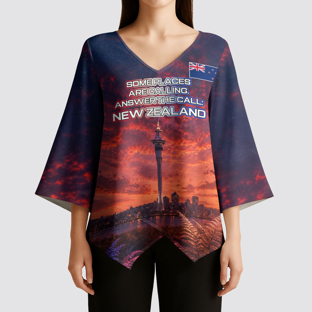 New Zealand Aotearoa Kiwi UFO Kimono Sleeve Blouse Sci-Fi Galaxy Sunset Sky Tower And Mountain