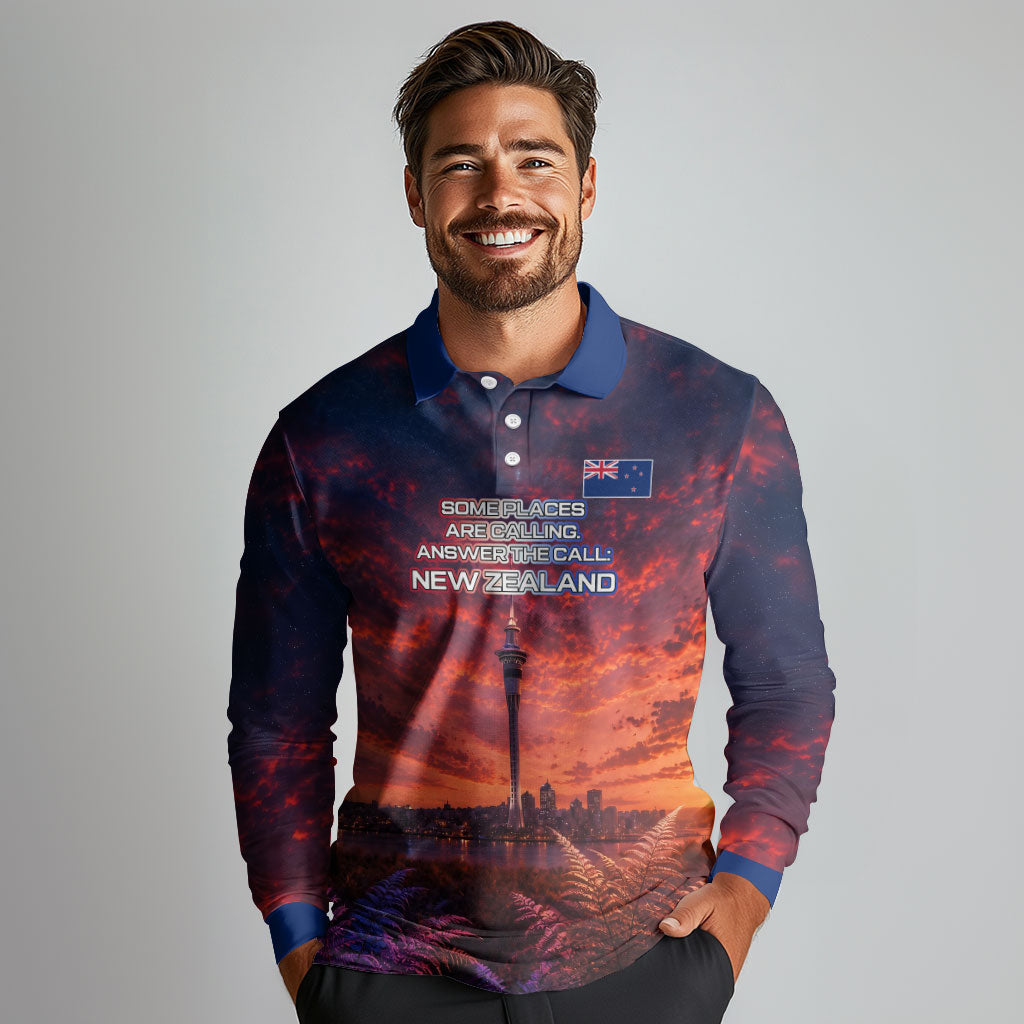 New Zealand Aotearoa Kiwi UFO Long Sleeve Polo Shirt Sci-Fi Galaxy Sunset Sky Tower And Mountain