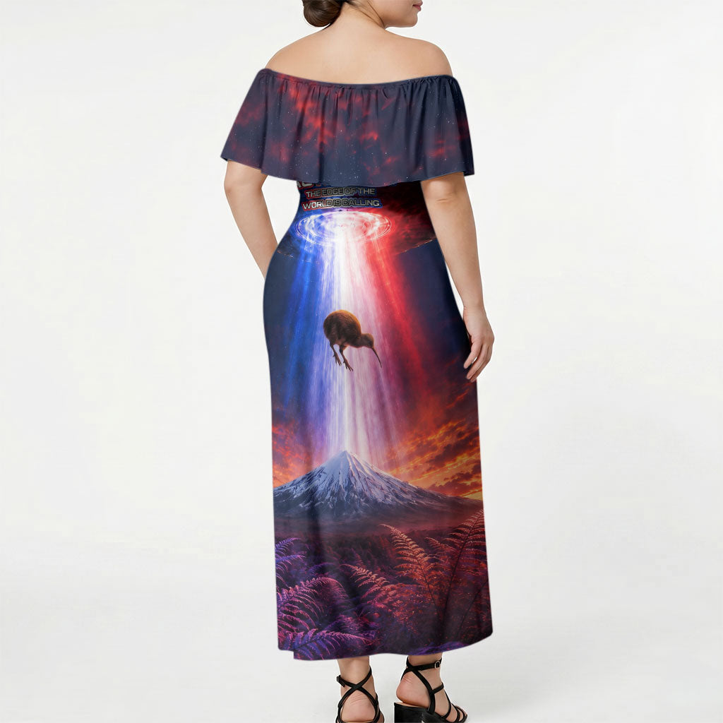New Zealand Aotearoa Kiwi UFO Off Shoulder Maxi Dress Sci-Fi Galaxy Sunset Sky Tower And Mountain