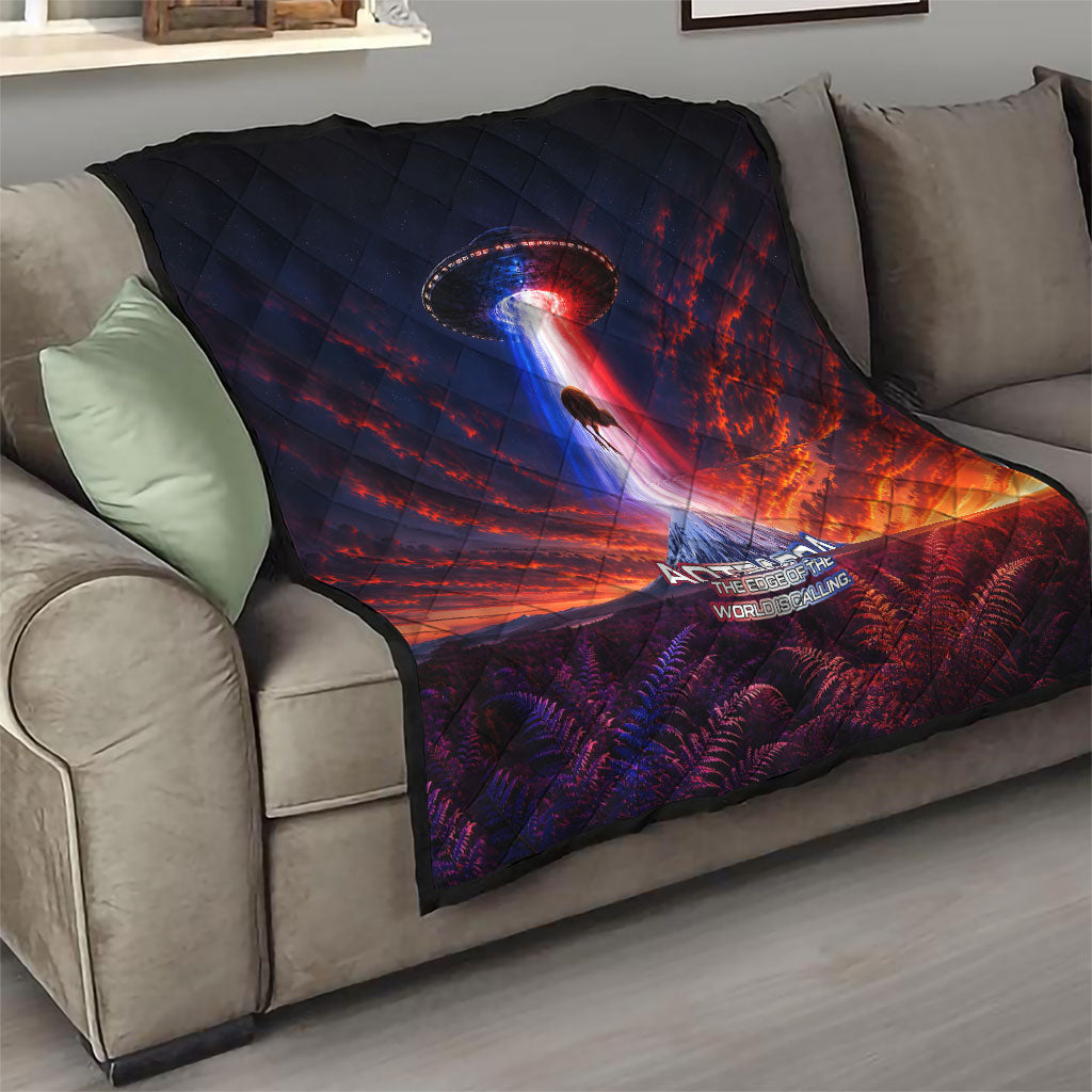 New Zealand Aotearoa Kiwi UFO Quilt Sci-Fi Galaxy Sunset Sky Tower And Mountain
