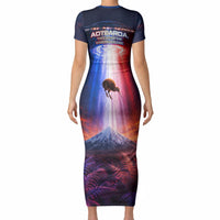 New Zealand Aotearoa Kiwi UFO Short Sleeve Bodycon Dress Sci-Fi Galaxy Sunset Sky Tower And Mountain