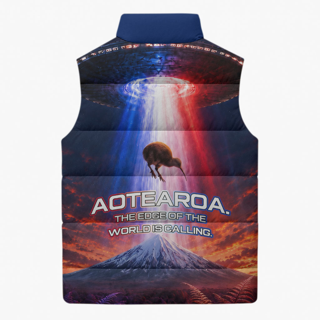 New Zealand Aotearoa Kiwi UFO Sleeveless Puffer Jacket Sci-Fi Galaxy Sunset Sky Tower And Mountain