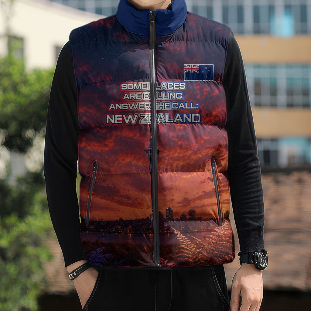New Zealand Aotearoa Kiwi UFO Sleeveless Puffer Jacket Sci-Fi Galaxy Sunset Sky Tower And Mountain