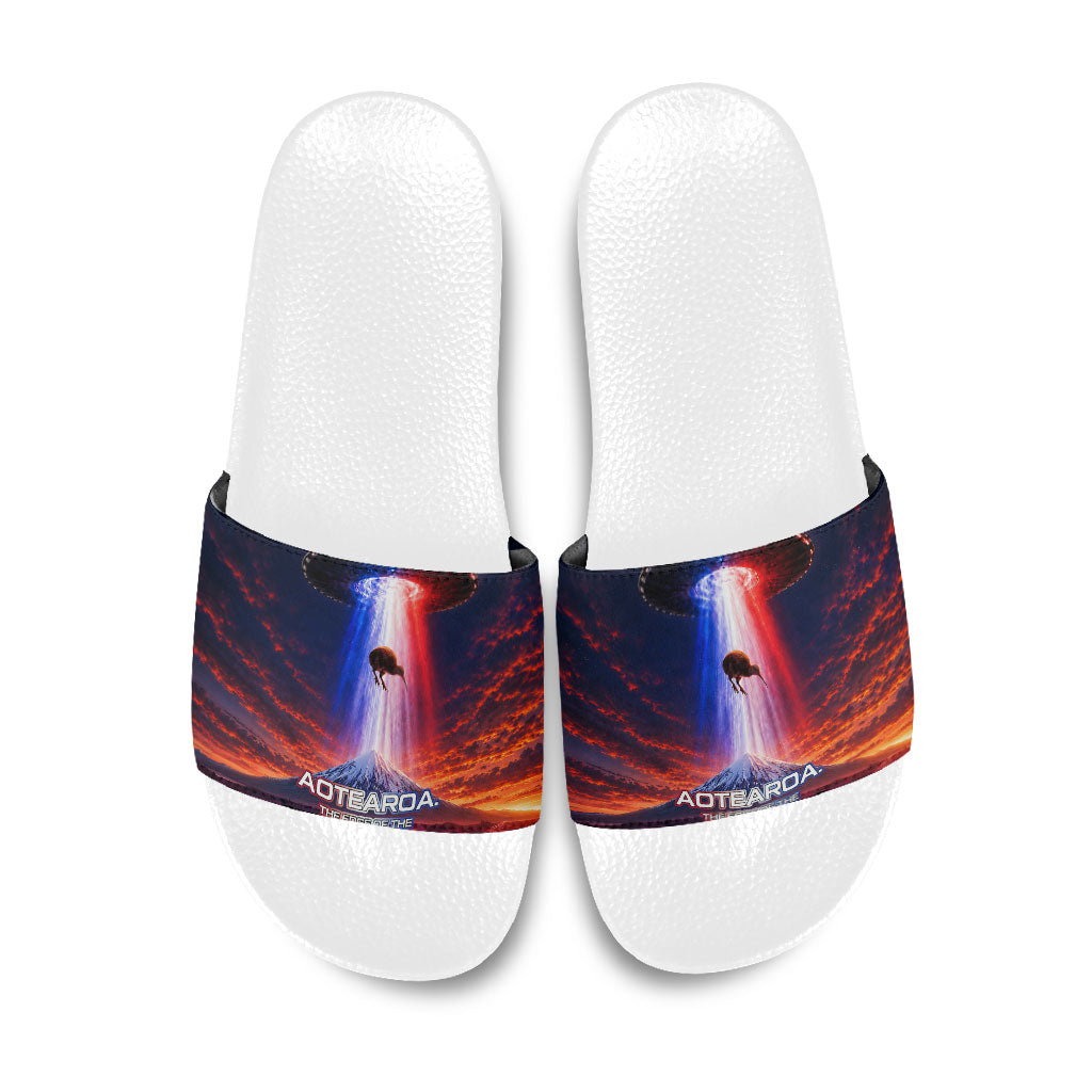 New Zealand Aotearoa Kiwi UFO Slide Sandals Sci-Fi Galaxy Sunset Sky Tower And Mountain