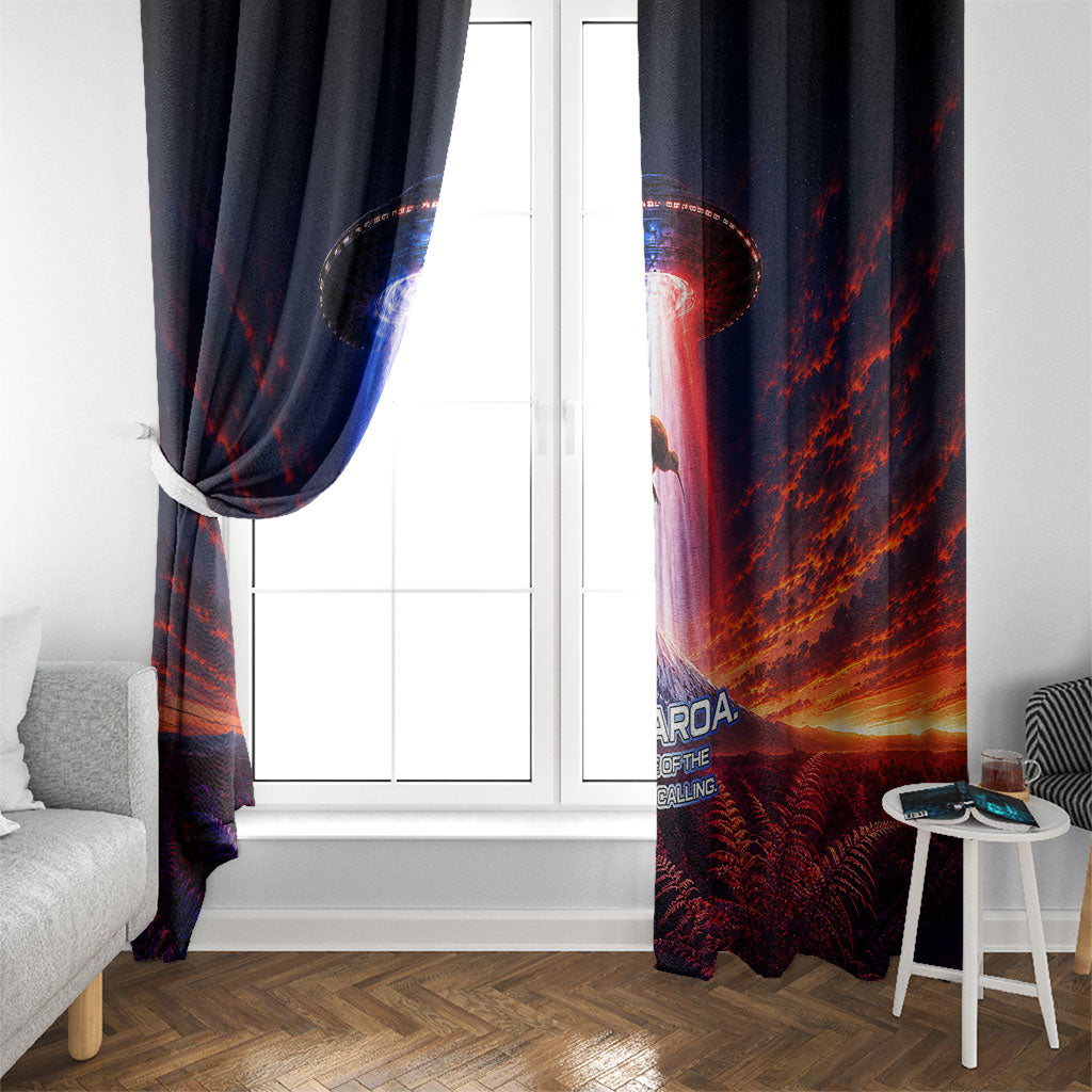 New Zealand Aotearoa Kiwi UFO Window Curtain Sci-Fi Galaxy Sunset Sky Tower And Mountain