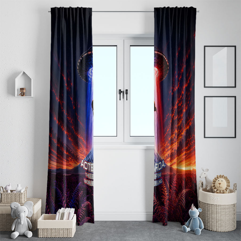 New Zealand Aotearoa Kiwi UFO Window Curtain Sci-Fi Galaxy Sunset Sky Tower And Mountain