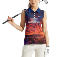 New Zealand Aotearoa Kiwi UFO Women Sleeveless Polo Shirt Sci-Fi Galaxy Sunset Sky Tower And Mountain