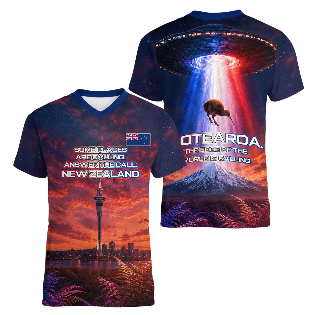 New Zealand Aotearoa Kiwi UFO Women V-Neck T-Shirt Sci-Fi Galaxy Sunset Sky Tower And Mountain