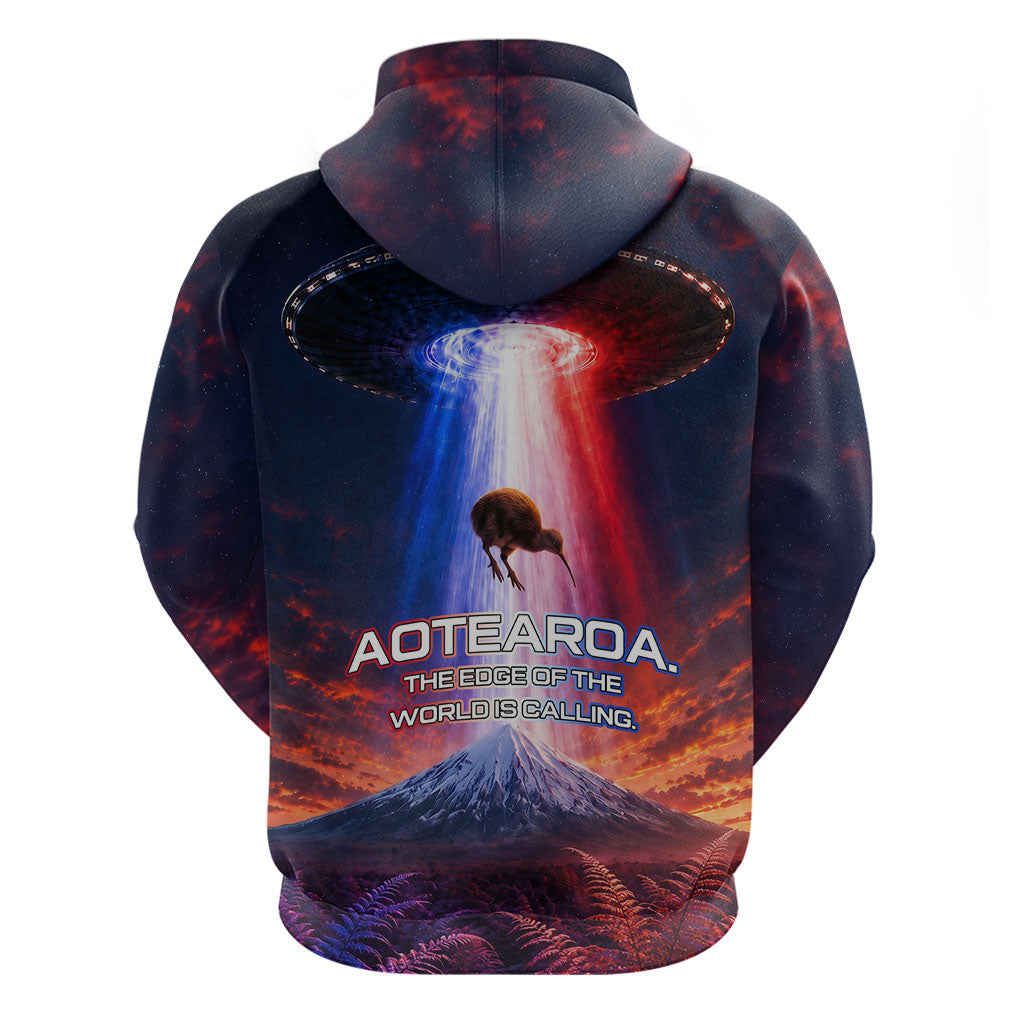 New Zealand Aotearoa Kiwi UFO Zip Hoodie Sci-Fi Galaxy Sunset Sky Tower And Mountain