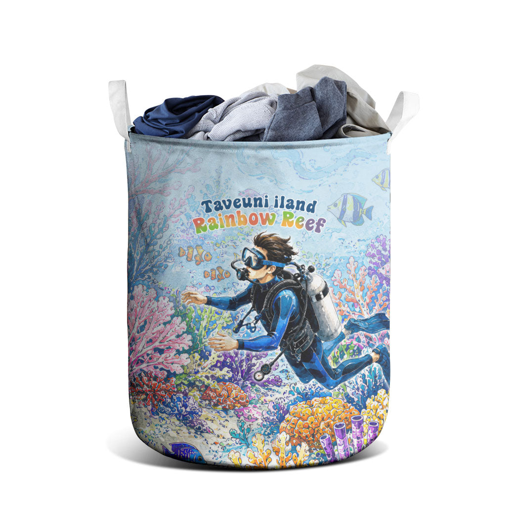 Fiji Taveuni Rainbow Reef Laundry Basket Scuba Diver Vibrant Undersea Coral Garden Watercolor