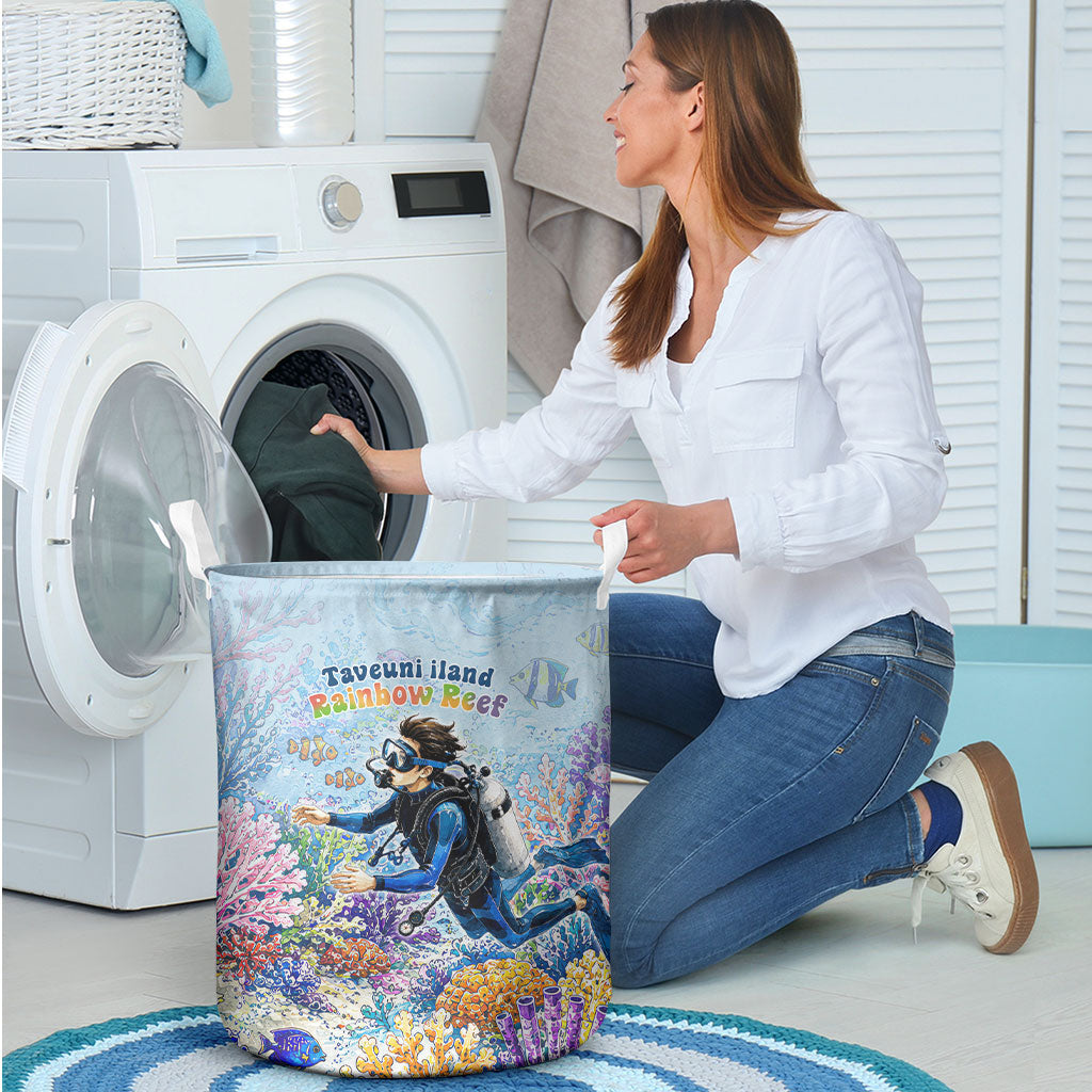 Fiji Taveuni Rainbow Reef Laundry Basket Scuba Diver Vibrant Undersea Coral Garden Watercolor