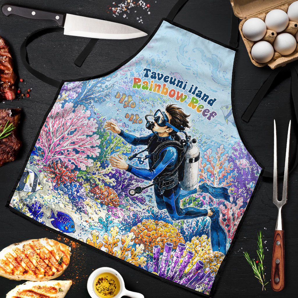 Fiji Taveuni Rainbow Reef Apron Scuba Diver Vibrant Undersea Coral Garden Watercolor