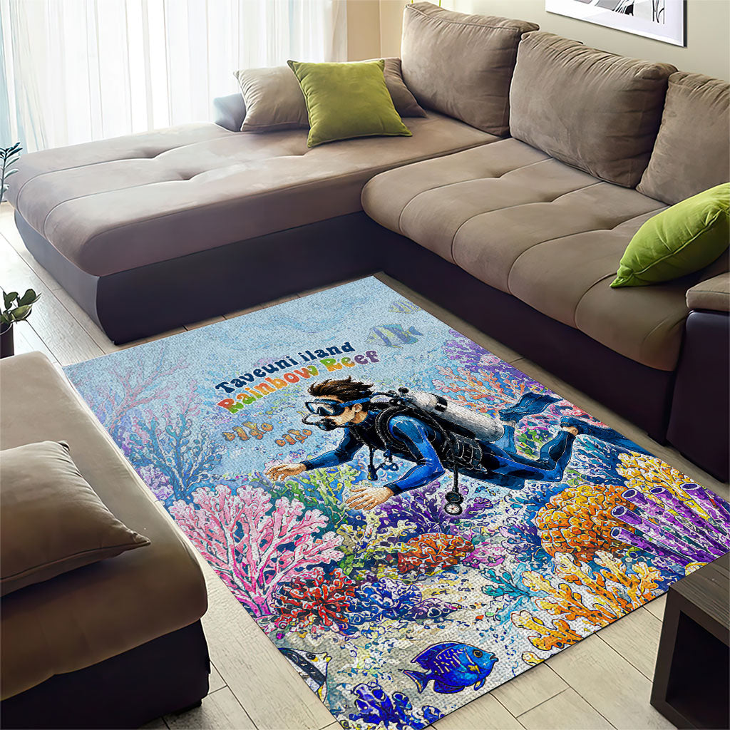 Fiji Taveuni Rainbow Reef Area Rug Scuba Diver Vibrant Undersea Coral Garden Watercolor