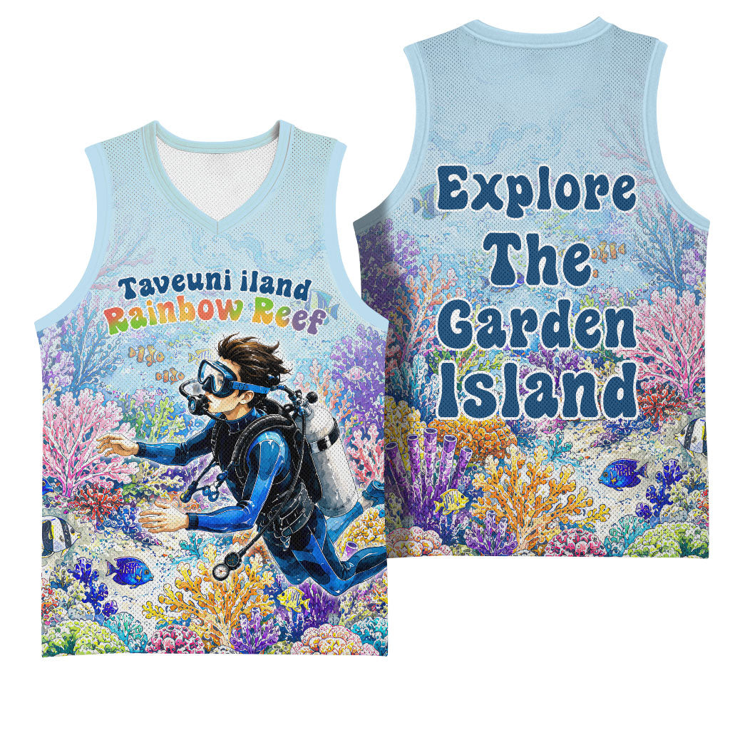 Fiji Taveuni Rainbow Reef Basketball Jersey Scuba Diver Vibrant Undersea Coral Garden Watercolor