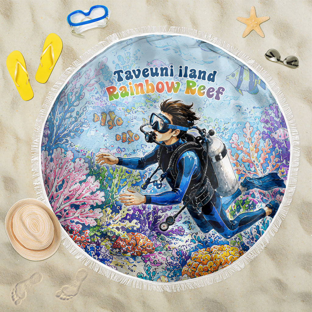Fiji Taveuni Rainbow Reef Beach Blanket Scuba Diver Vibrant Undersea Coral Garden Watercolor TS04 One Size 150cm Blue - Polynesian Pride