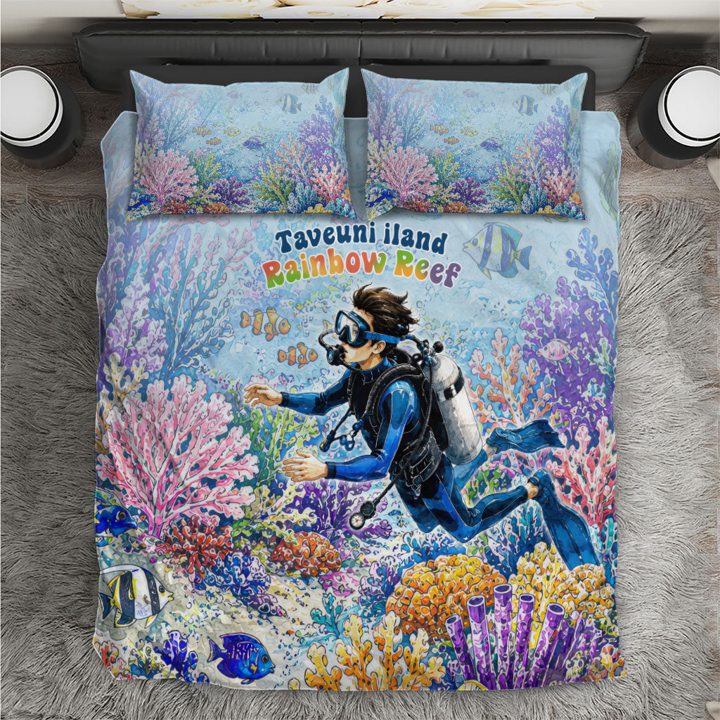 Fiji Taveuni Rainbow Reef Bedding Set Scuba Diver Vibrant Undersea Coral Garden Watercolor