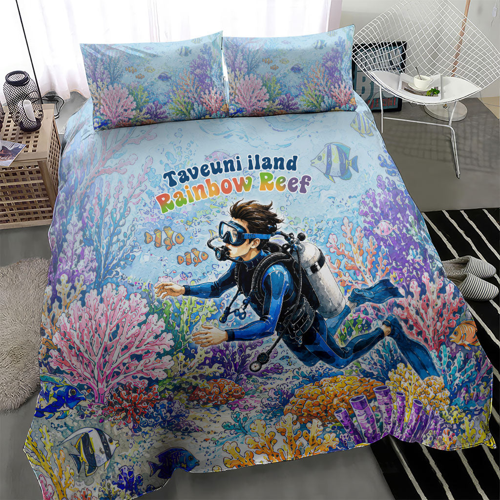 Fiji Taveuni Rainbow Reef Bedding Set Scuba Diver Vibrant Undersea Coral Garden Watercolor