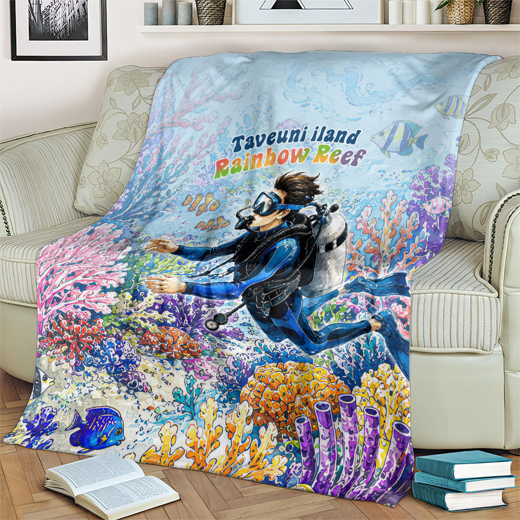 Fiji Taveuni Rainbow Reef Blanket Scuba Diver Vibrant Undersea Coral Garden Watercolor