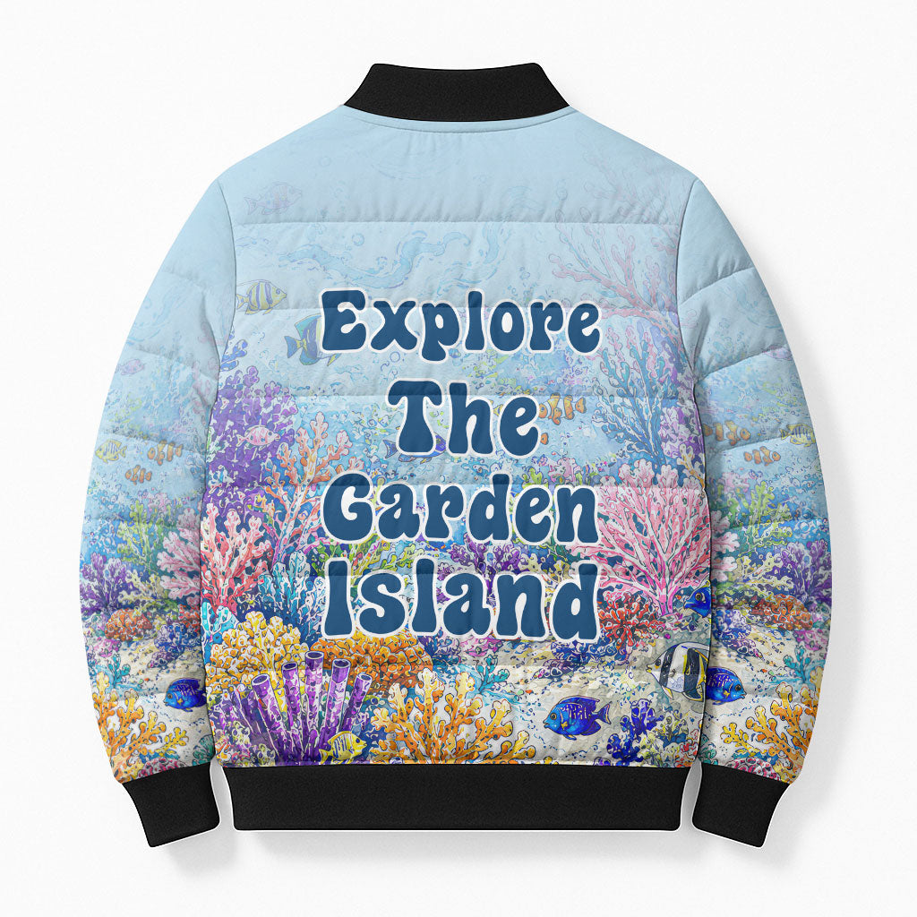 Fiji Taveuni Rainbow Reef Bomber Puffer Jacket Scuba Diver Vibrant Undersea Coral Garden Watercolor
