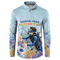 Fiji Taveuni Rainbow Reef Button Sweatshirt Scuba Diver Vibrant Undersea Coral Garden Watercolor