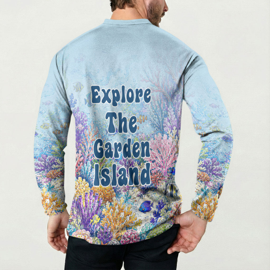 Fiji Taveuni Rainbow Reef Button Sweatshirt Scuba Diver Vibrant Undersea Coral Garden Watercolor