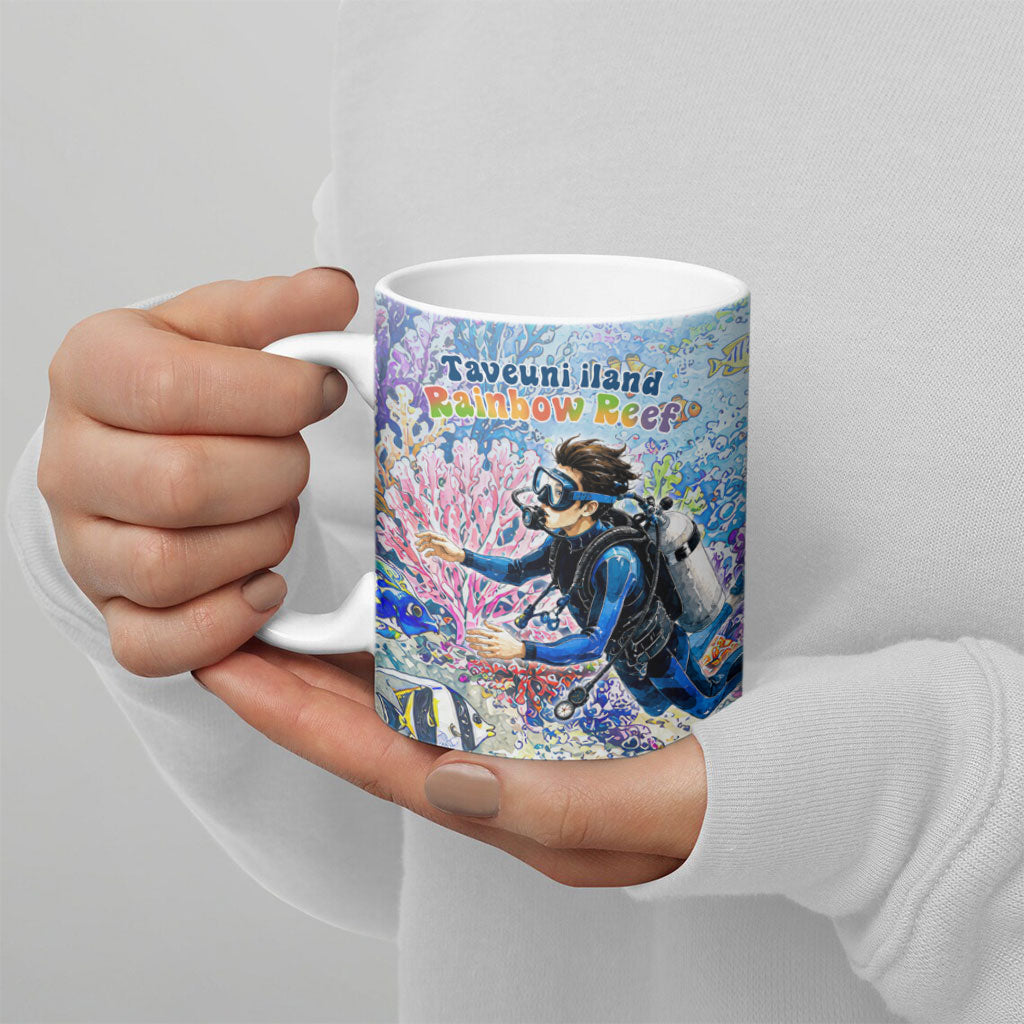 Fiji Taveuni Rainbow Reef Ceramic Mug Scuba Diver Vibrant Undersea Coral Garden Watercolor