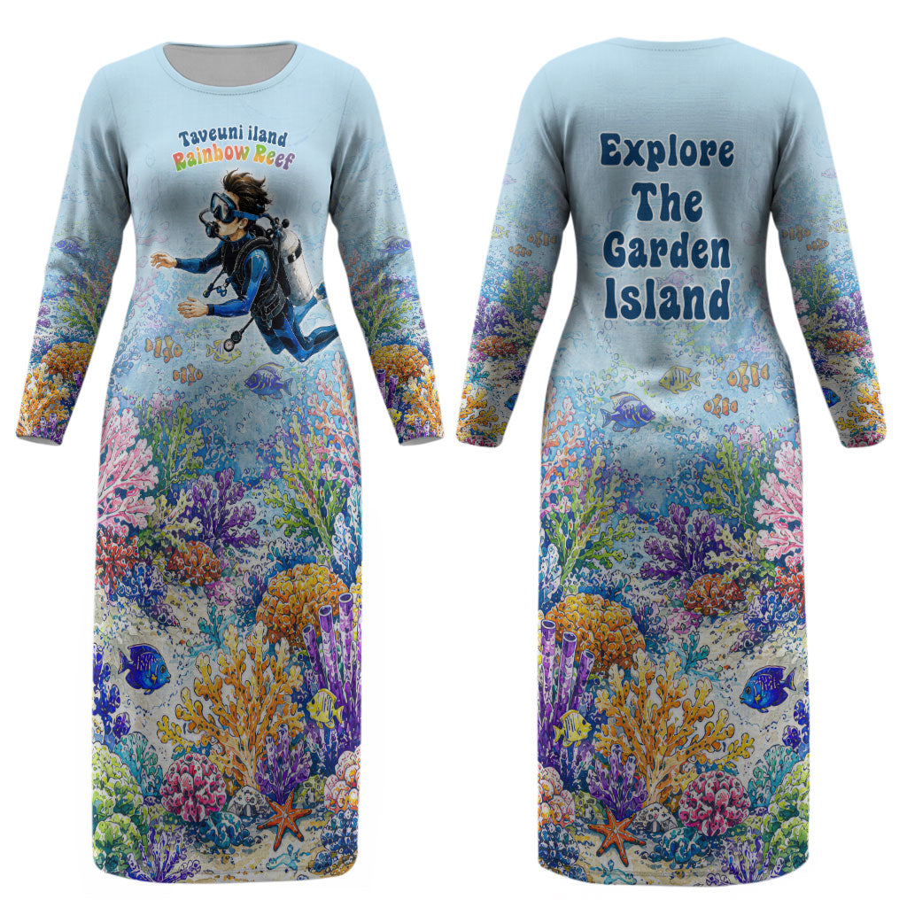 Fiji Taveuni Rainbow Reef Couples Matching Long Sleeve Bodycon Dress and Hawaiian Shirt Scuba Diver Vibrant Undersea Coral Garden Watercolor