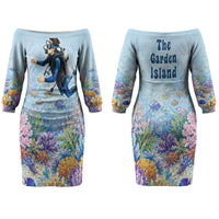 Fiji Taveuni Rainbow Reef Couples Matching Off The Shoulder Long Sleeve Dress and Hawaiian Shirt Scuba Diver Vibrant Undersea Coral Garden Watercolor
