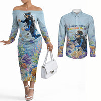 Fiji Taveuni Rainbow Reef Couples Matching Off The Shoulder Long Sleeve Dress and Long Sleeve Button Shirt Scuba Diver Vibrant Undersea Coral Garden Watercolor